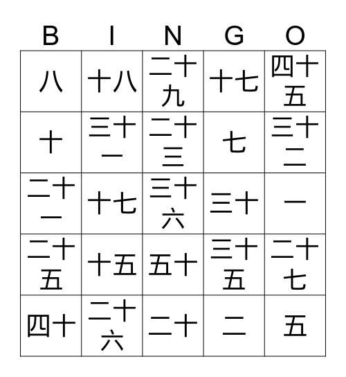 数字1-50 Bingo Card