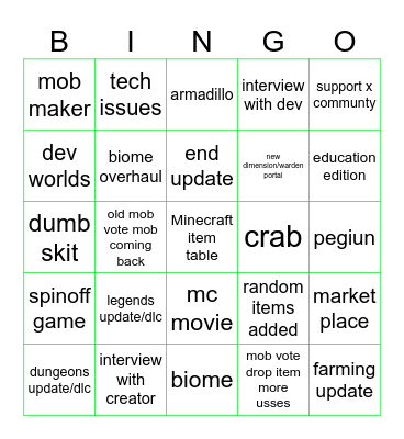 minecraft live Bingo Card