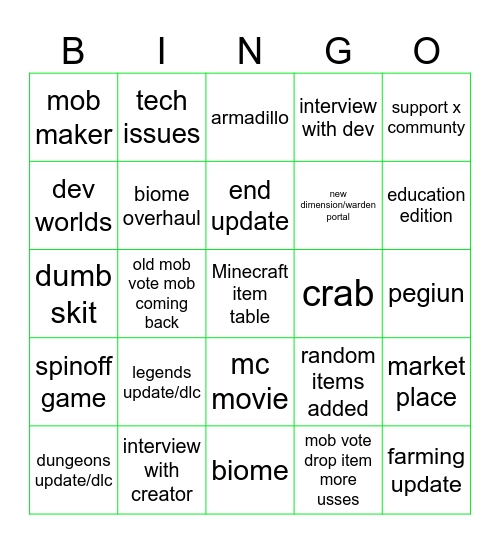 minecraft live Bingo Card