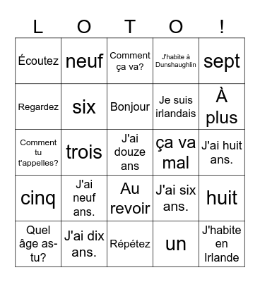 French Numbers & Greetings Bingo Card