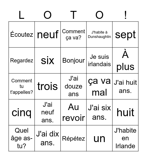 French Numbers & Greetings Bingo Card