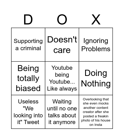 Youtube still hasn't DeplatformSssniperwolf Bingo Card