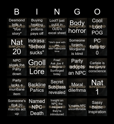 Sunforged Episode 6 Bingo Card