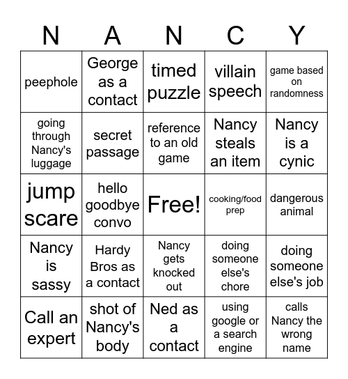 Nancy Drew Game Bingo Card