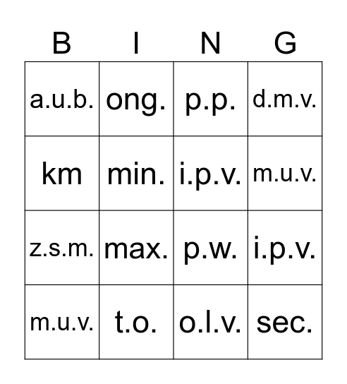 Afkortingen Bingo Card