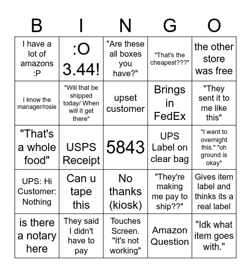 UPS 5843 Sunday Bingo Card