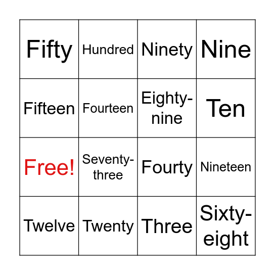 Numbers Bingo Card