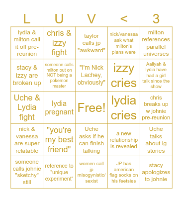 Love Is Blind Bingo Card