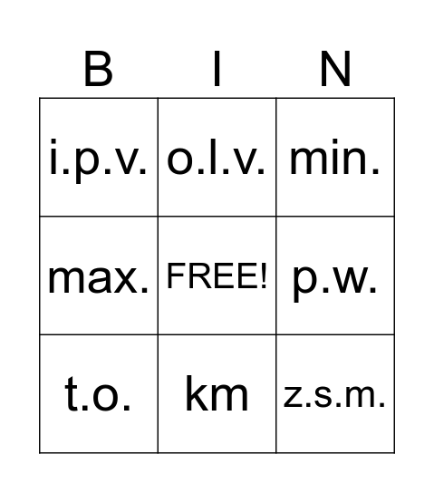 Thema 2, Les 9, Afkortingen Bingo Card