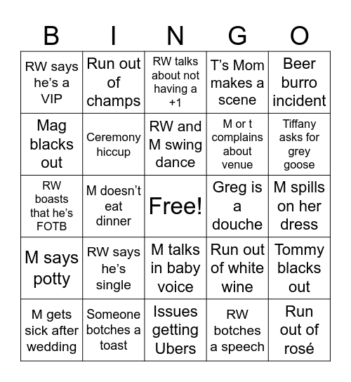 M and Ts wedding weekend Bingo Card