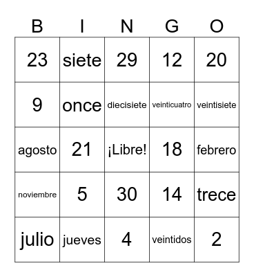 Bingo en español - el calendario Bingo Card