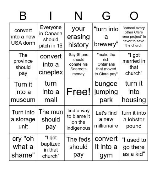 Save the church Bingo Card