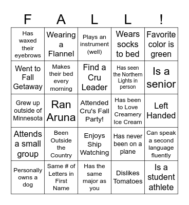 Cru Fall Party BINGO Card