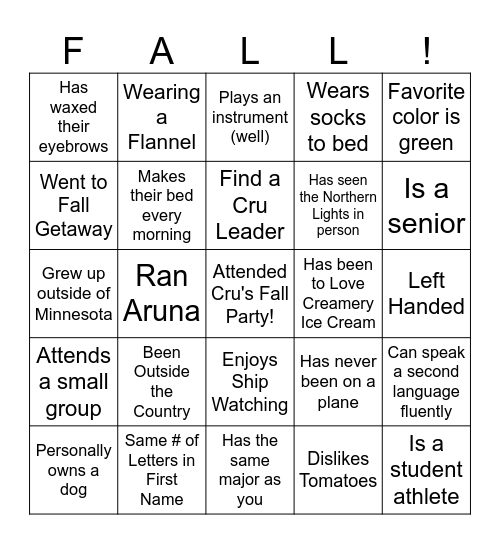 Cru Fall Party BINGO Card