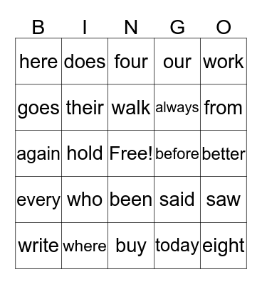 Sight Word Bingo Card
