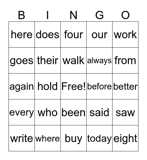 Sight Word Bingo Card