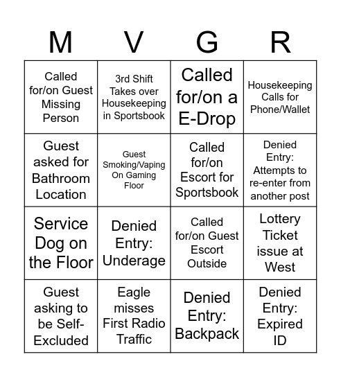 Security Officer Bingo Card