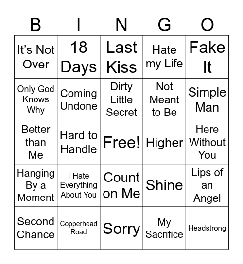 Divorced Dad Playlist Bingo Card