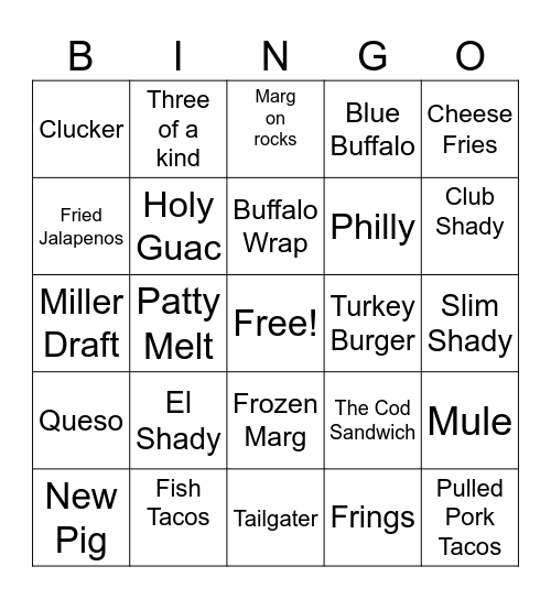 Shady's Bingo Card