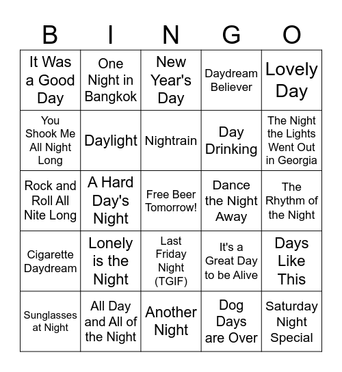 Day & Night Bingo Card