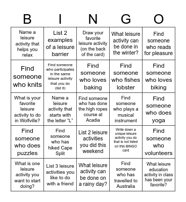 Leisure Bingo Card