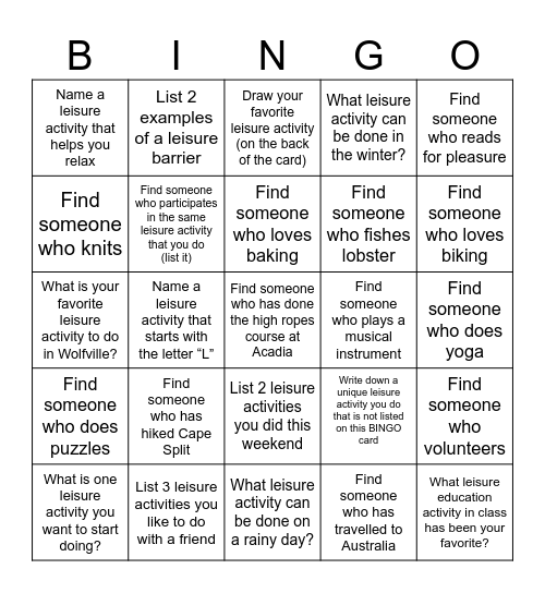 Leisure Bingo Card