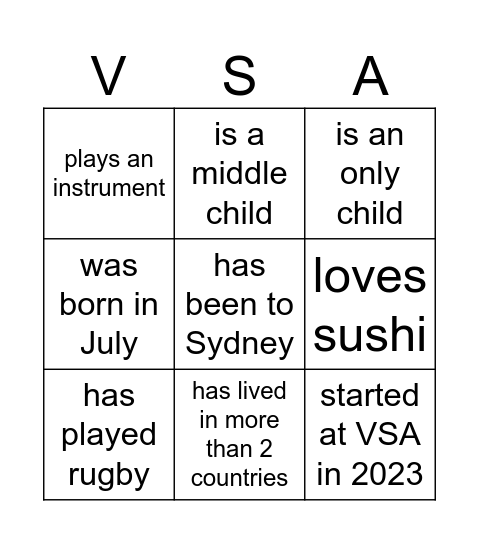 VSA Bingo Card