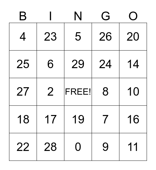 Addition Bingo (1-30) Bingo Card
