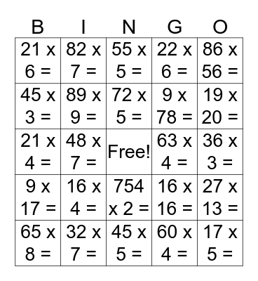 Multiplication BINGO Card