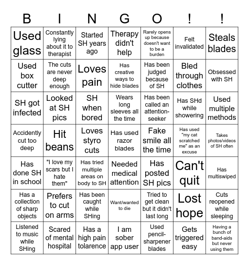 SELF-HARM BINGO Card