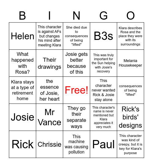 KLARA & THE SUN Bingo Card
