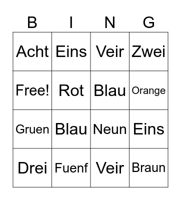 German Numbers and colors Bingo Card