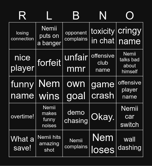 rocket league bingo Card