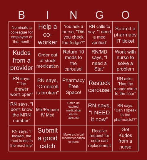 Inpatient Pharmacy BINGO Card