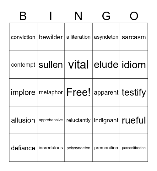The Outsiders Vocabulary Bingo Card