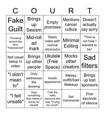 SSSniperwolf Apology Video Bingo Card