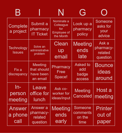 Non-Clinical Pharmacy BINGO Card