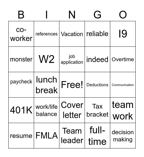 Employment Bingo Card