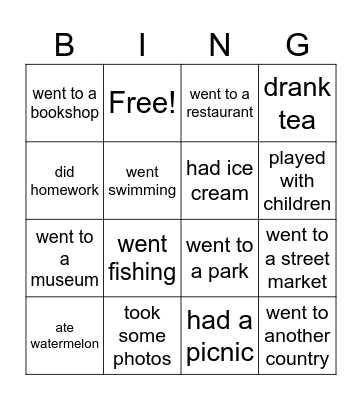 Summer Holidays Bingo Card