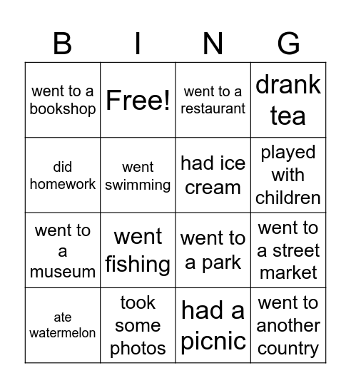 Summer Holidays Bingo Card