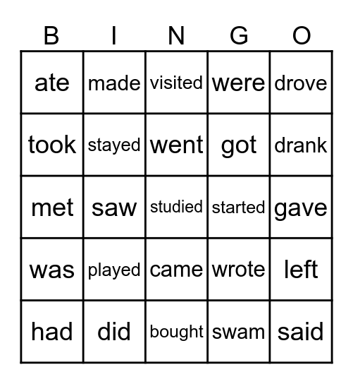 Past Simple Irregular Bingo Card