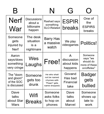 On/Off Site Bingo Card