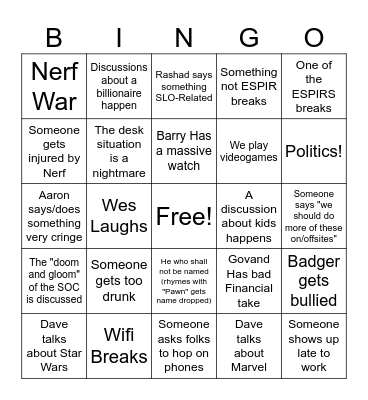 On/Off Site Bingo Card