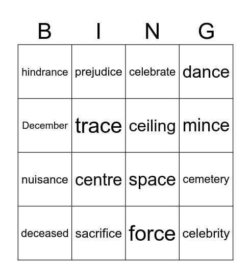Ce words Bingo Card