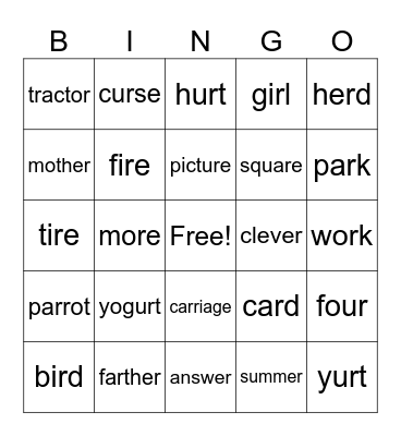 "ar"  "er"  "ir"  "or"  "ur" Bingo Card