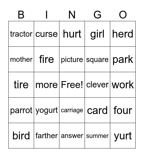 "ar"  "er"  "ir"  "or"  "ur" Bingo Card