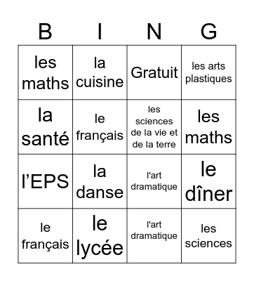 Les matieres Line G Bingo Card