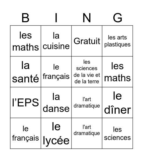 Les matieres Line G Bingo Card