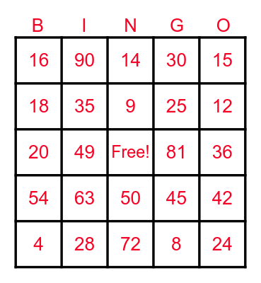 Multiplication Bingo Card