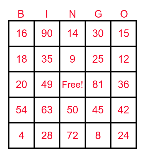 Multiplication Bingo Card